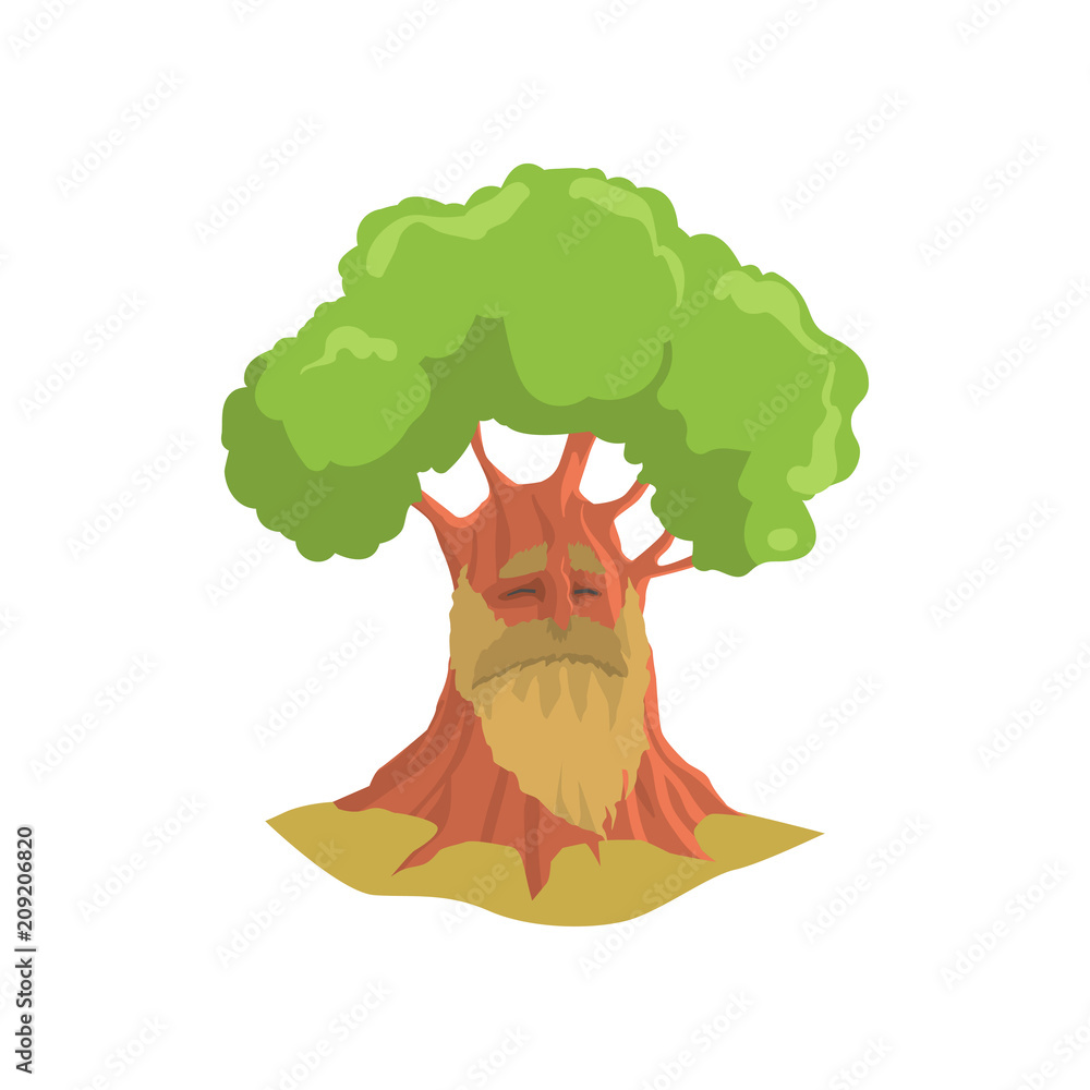 Cartoon old oak with long beard. Humanized forest tree with green ...