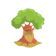 Sticker - Cartoon old oak with long beard. Humanized forest tree with green foliage. Natural landscape element. Colorful flat vector design