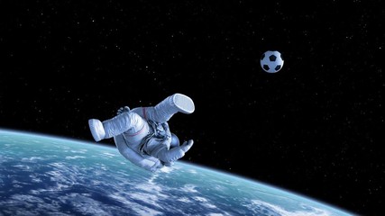 Wall Mural - bicycle kick, astronaut shoots on goal in outer space. beautiful abstract 3d animation. 4k
