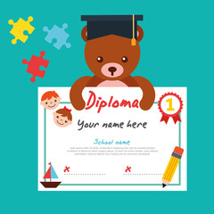 cute bear teddy with graduation cap holding diploma vector illustration