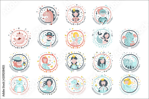 Fairy Tale Heroes Girly Stickers In Round Frames Poster
