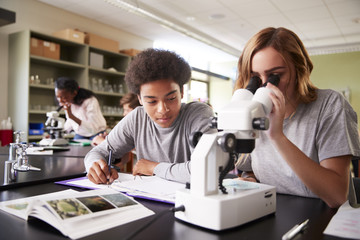high school students looking through microscope in biology class