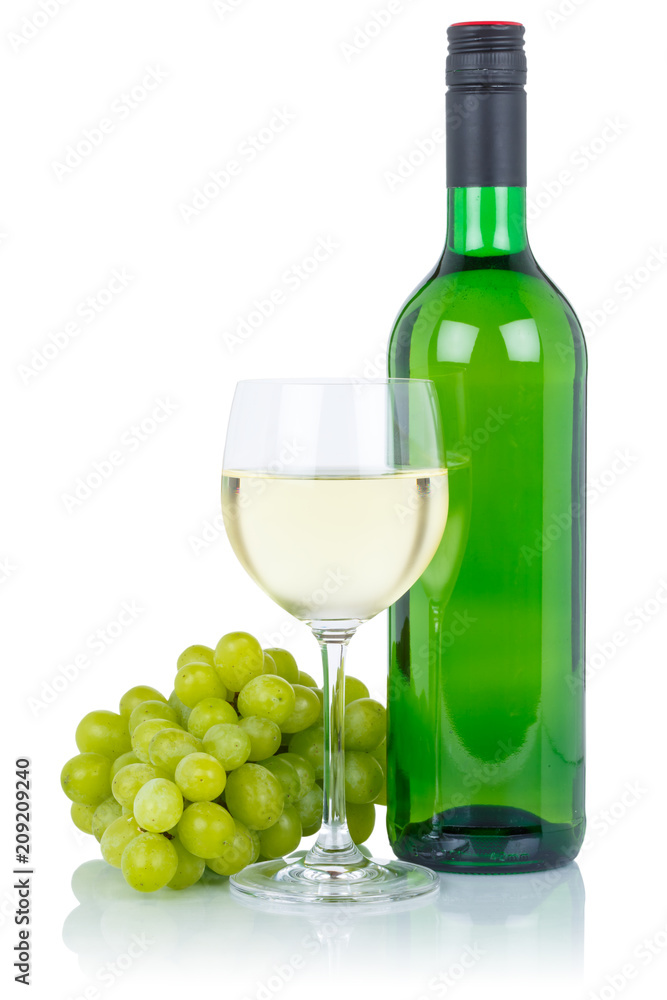 Wein Weinflasche Weinglas Flasche grün Glas Weißwein Weisswein Weintrauben Alkohol Getränk freigestellt Freisteller Stock Photo