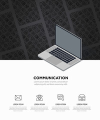 Communication concept, template with opened laptop and thin line icons: email, phone, chat, contacts, comment, inbox, translator, presentation, message, screen share, support. Vector illustration.