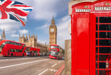 Fototapeta Londyn - London symbols with BIG BEN, DOUBLE DECKER BUS and Red Phone Booths in England, UK