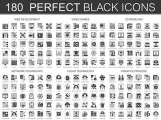 Aufkleber - 180 web development, video games, 3d modeling, network technology, cloud data technology, creative process classic black mini concept symbols. Vector modern icon pictogram illustrations set.