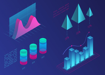 Poster - Infographic isometric vector graph elements. Data and business financial diagrams graphs. Statistic data. Gradient color template for presentation, sales banner, income report design, website.