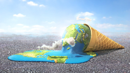 global warning. planet as melting ice cream under hot sun. 3d illustration