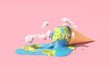 canvas print picture - Global warning. Planet as melting ice cream under hot sun on a pink background. 3d illustration