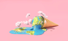 Global Warning. Planet As Melting Ice Cream Under Hot Sun On A Pink Background. 3d Illustration