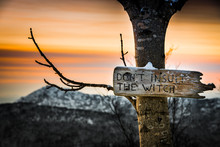 Old Warning Sign On The Tree Against Witches In Front Of Mountain At Sunset, Bergen, Norway