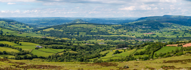 Wall Mural - panoramic aerial view of green farmland and fields in the rural welsh countryside