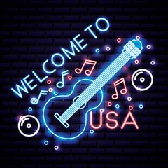 Canvas Print - american independence day music neon guitar bubbles welcome to usa vector illustration