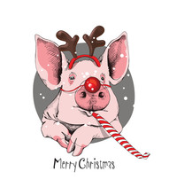 Christmas Card. Portrait Of The Pink Pig In A Santa's Deer Mask And With A Red Funny Party Whistle Blowing On A Gray Background. Vector Illustration. 