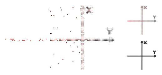 Vector cartesian axes icon in dispersed, dotted halftone and undamaged solid versions. Disappearing effect uses rectangular sparks and horizontal gradient from red to black.