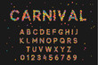 Font alphabet of colored confetti. Festive carnival letters, birthday, Brazilian festival of paints. Set holiday symbol. Celebrate anniversary numbers. Vector isolated on black background