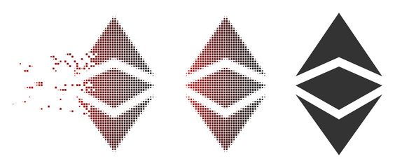 Vector Ethereum classic icon in sparkle, dotted halftone and undamaged whole variants. Disintegration effect involves rectangular sparks and horizontal gradient from red to black.
