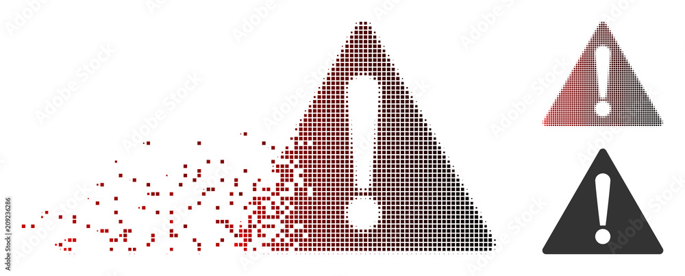 Vector warning icon in fractured, pixelated halftone and undamaged ...