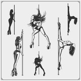 Set of strip plastic and pole dance emblems, labels and design elements. Girls on the pole.