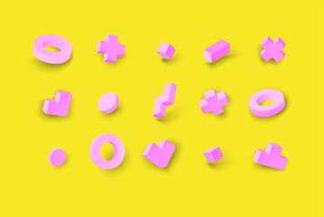 Wall Mural - Pink 3d geometric figures isolated on yellow background.