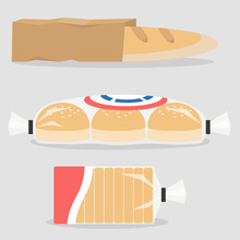 Different Types Of Bread Packed In Plastic And Paper Bags. Bakery. Gluten Free Food. Flat Editable Vector Illustration, Clip Art
