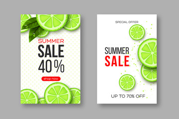 Wall Mural - Summer sale banners with sliced lime pieces, leaves and dotted pattern. White background - template for seasonal discounts, vector illustration.