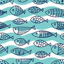 Blue Fish. Vector Seamless Pattern.