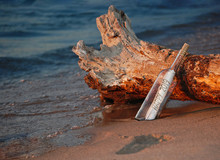 New Year 2019 Message In A Bottle With Driftwood Log On Beach
