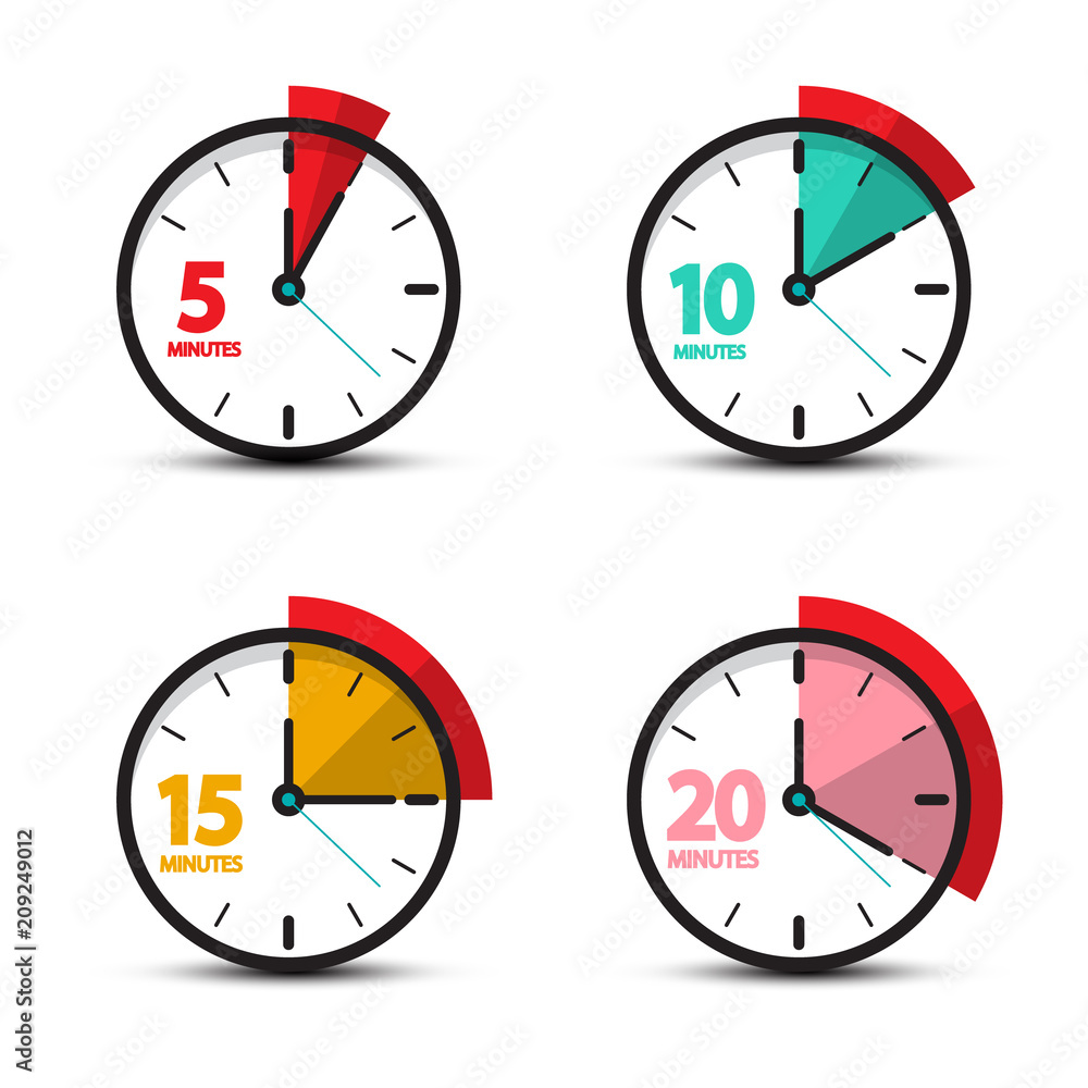 5, 10, 15, 20 Minutes Analog Clock Icons. Vector Time Symbol.