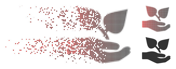 Vector flora care hand icon in sparkle, pixelated halftone and undamaged whole versions. Disappearing effect involves square scintillas and horizontal gradient from red to black.