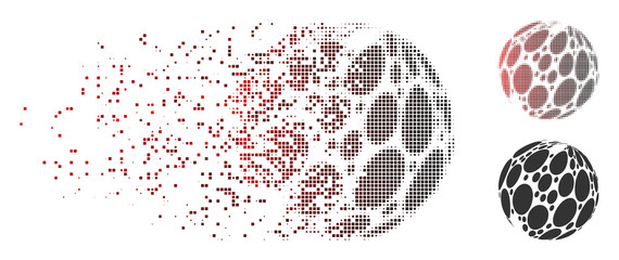 Wall Mural - Vector spotted abstract sphere icon in fractured, pixelated halftone and undamaged solid versions. Disappearing effect involves rectangle particles and horizontal gradient from red to black.