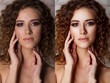 Before-after processing. Woman before and after retouch. comparison portraits with make-up