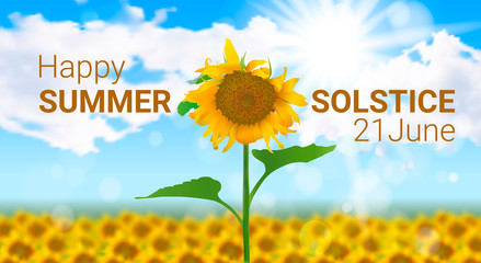 Vector illustration on the theme of the summer solstice. Sunny realistic summer landscape with a field of sunflowers, sky with clouds and text.