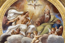 PARMA, ITALY - APRIL 16, 2018: The Ceiling Freso Of The Holy Trinity In Church Chiesa Di Santa Croce By Giovanni Maria Conti Della Camera (1614 - 1670).