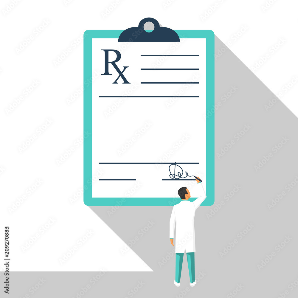 Miniature doctor writing prescription. Clipboard whit signature. Rx ...
