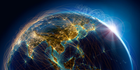 Wall Mural - planet earth with detailed relief is covered with a complex luminous network of air routes based on 