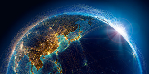 planet earth with detailed relief is covered with a complex luminous network of air routes based on 