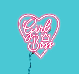 Wall Mural - Girl boss pink neon sign isolated on blue background. Realistic neon lettering sign for female boss. Vector illustration.