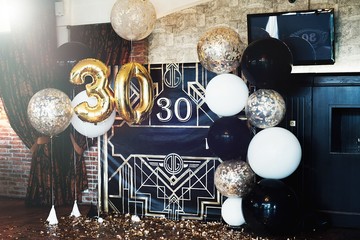 Wall Mural - Happy Birthday 30 thirty years, luxury design with gold balloon