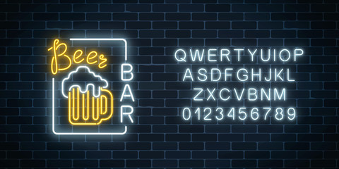 Wall Mural - Glowing neon beer pub signboard in rectangle frame and alphabet in neon style on dark brick wall background.