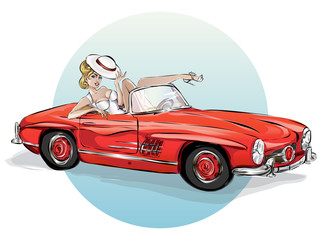 Wall Mural - Pin up sexy woman in retro red car, pop art girl with cabriolet, pin-up summer vacation vector illustration art