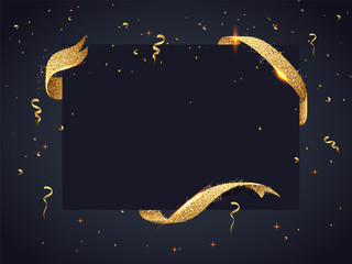 black frame decorated with golden ribbon and confetti for celebration concept.