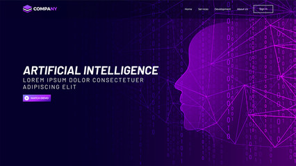 Sticker - Human face made with mesh network and binary digit for Artificial Intelligence (AI) landing page concept.