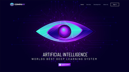 Canvas Print - Website landing page with illutsration of human eye and security rays  for Artificial Intelligence security concept.