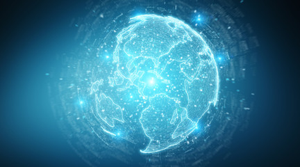 Fototapete - Globe network hologram with America Usa map 3D rendering