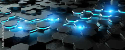 Black and blue hexagons background pattern 3D rendering