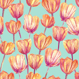 Fototapeta Tulipany - Seamless pattern. Botanical illustration. Watercolor tulips isolated on white background