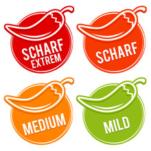 Chili Peppers Scale Mild, Medium, Hot And Hell - German Translation: Chili Schärfe Skala Mild, Medium, Scharf, Sehr Scharf