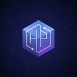 Initial letter HP, block chain, looping mono line circuit letter on hexagon cube logo, blue magenta gradient color on black blue network background