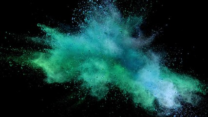 Super slow motion of colored powder explosion isolated on black background. Filmed on high speed cinema camera, 1000fps.